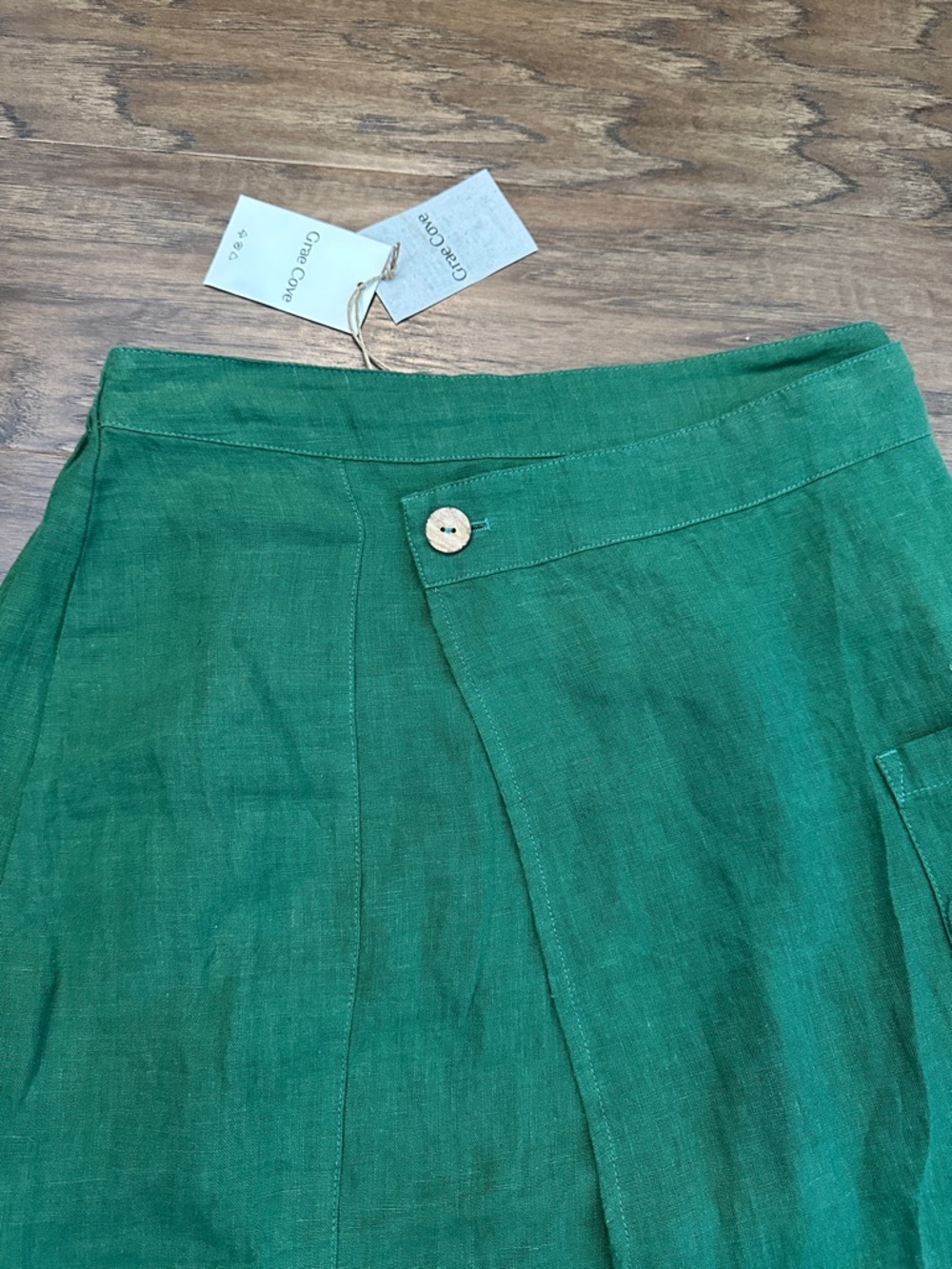 NWT Grae Cove SZ M Green Linen Blend Midi Skirt - Front Overlap A-Line - Picture 4 of 11